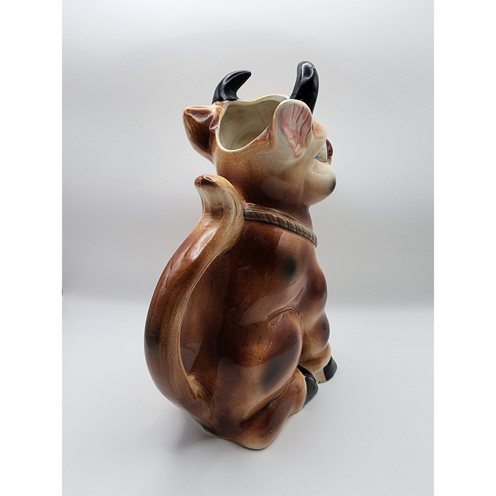 Vintage Hand Painted Anthropomorphic Ceramic "Brown Cow" Pitcher 1950s