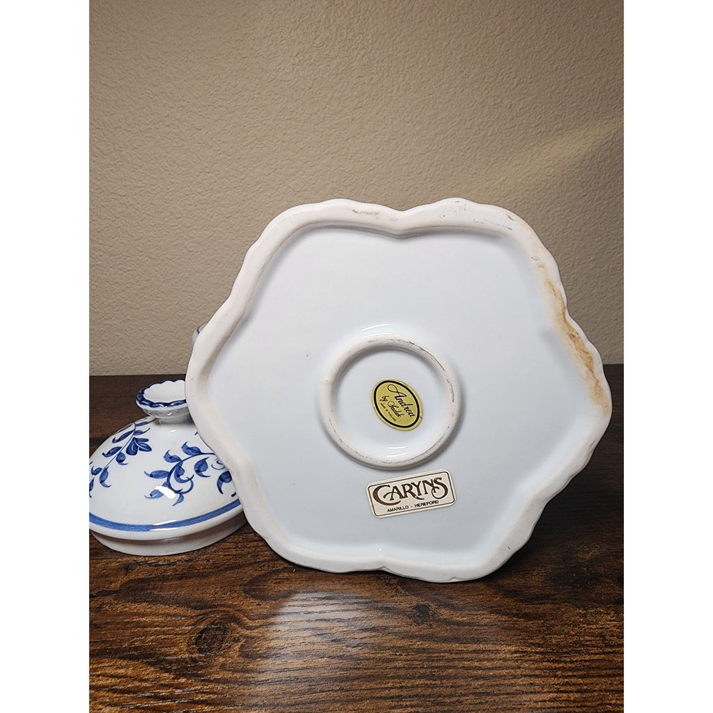 Vintage Andrea by Sadek Blue / White Ceramic Teapot w/ Lotus Floral Pattern