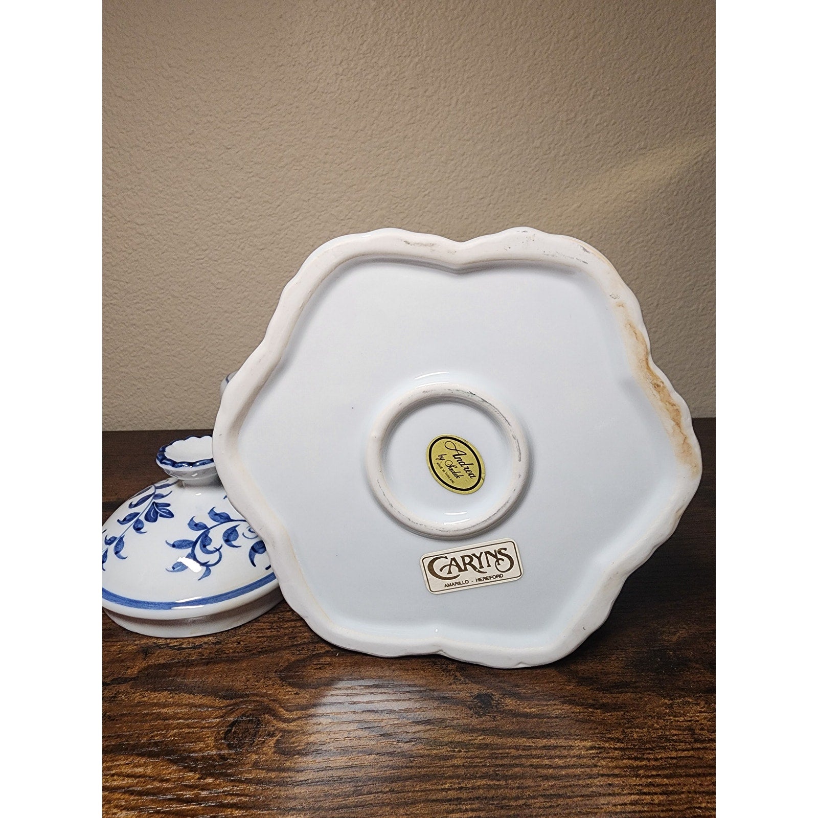 Vintage Andrea by Sadek Blue / White Ceramic Teapot w/ Lotus Floral Pattern
