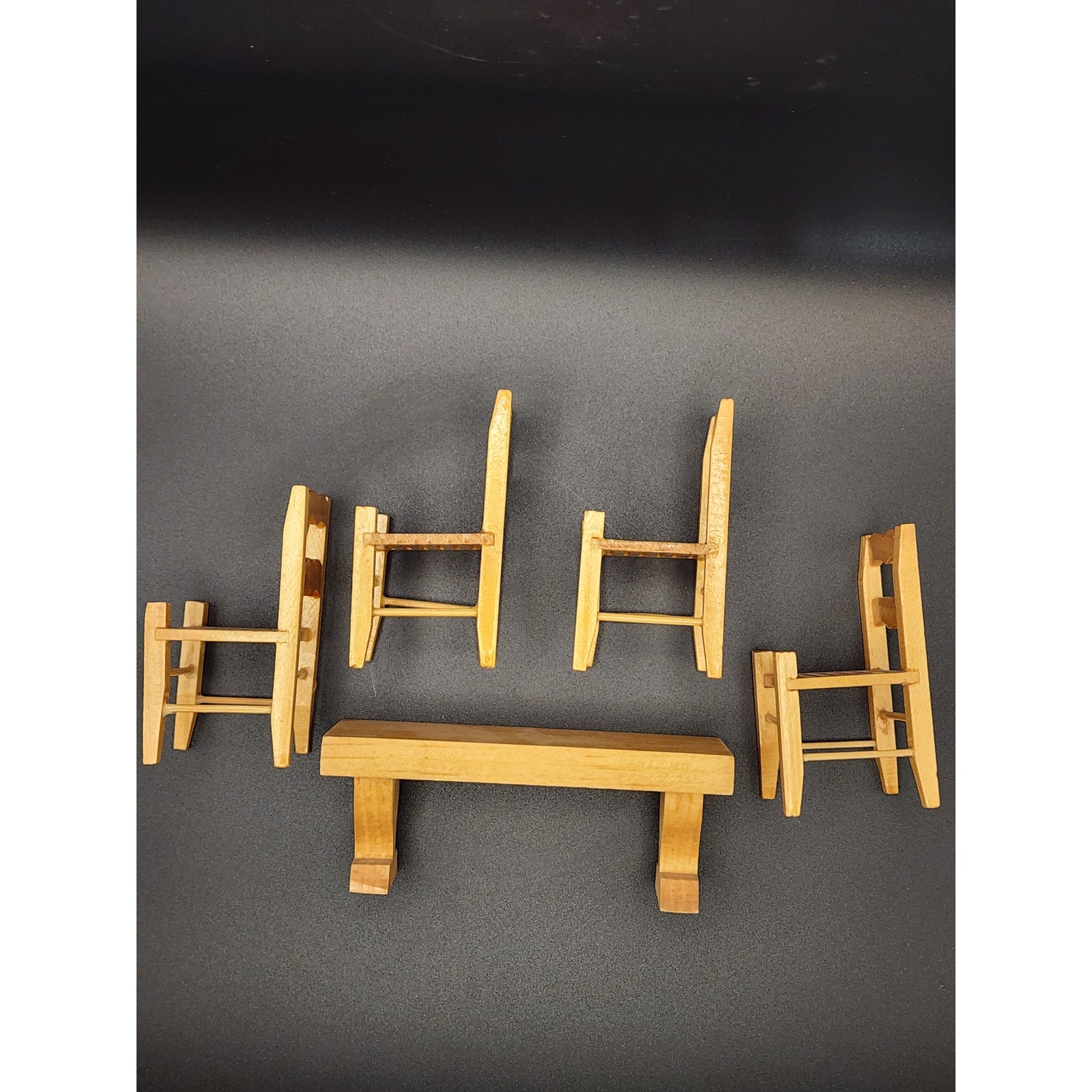 Doll House Furniture - 1:12 scale Natural Pine Wood 4 chairs and Bench
