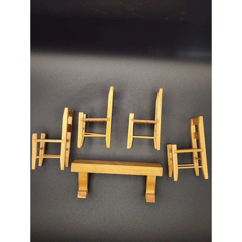 Doll House Furniture - 1:12 scale Natural Pine Wood 4 chairs and Bench