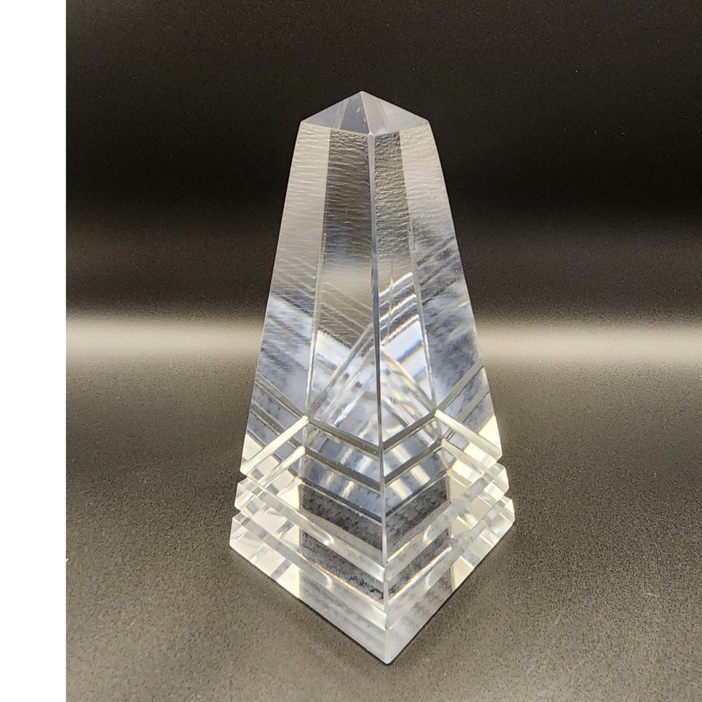 Vintage Clear Crystal Art Glass Obelisk Sculpture - Faceted Paperweight