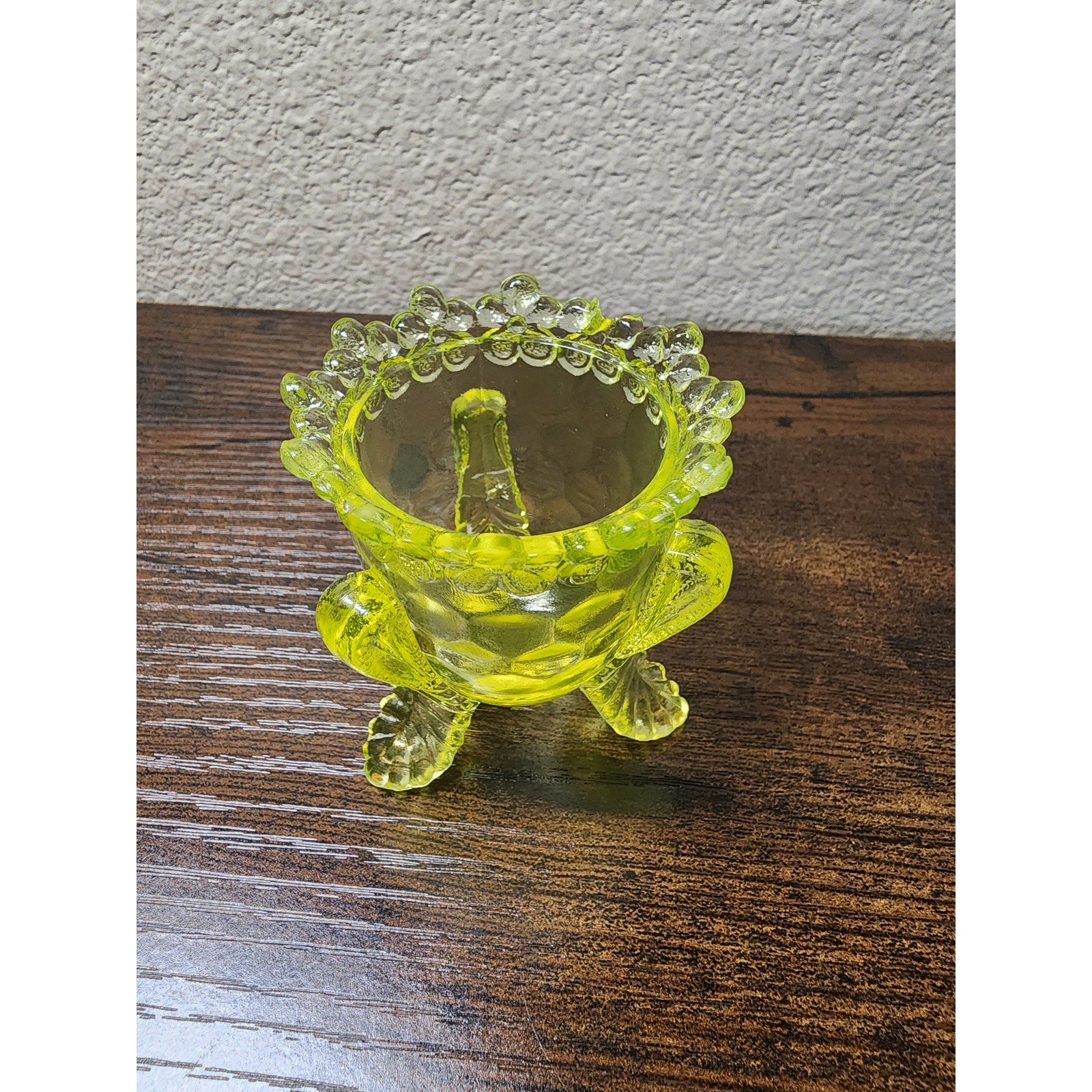 Vintage Boyd Crystal Art Glass Forget Me Not Toothpick Holder - Vaseline Uranium