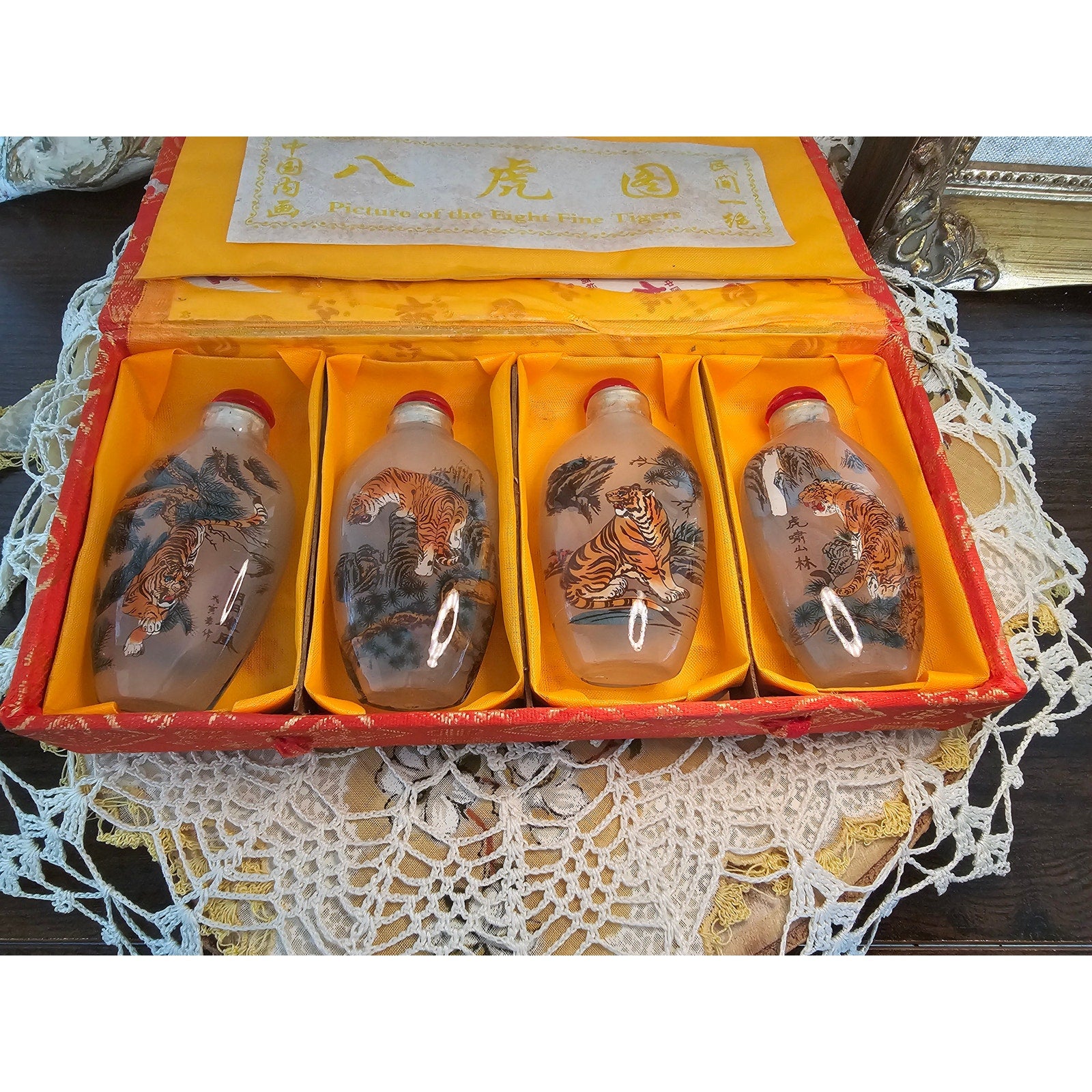 Vintage Chinese Inside-Painted Glass Snuff Bottles – Tiger Theme, Set of 4 with Box