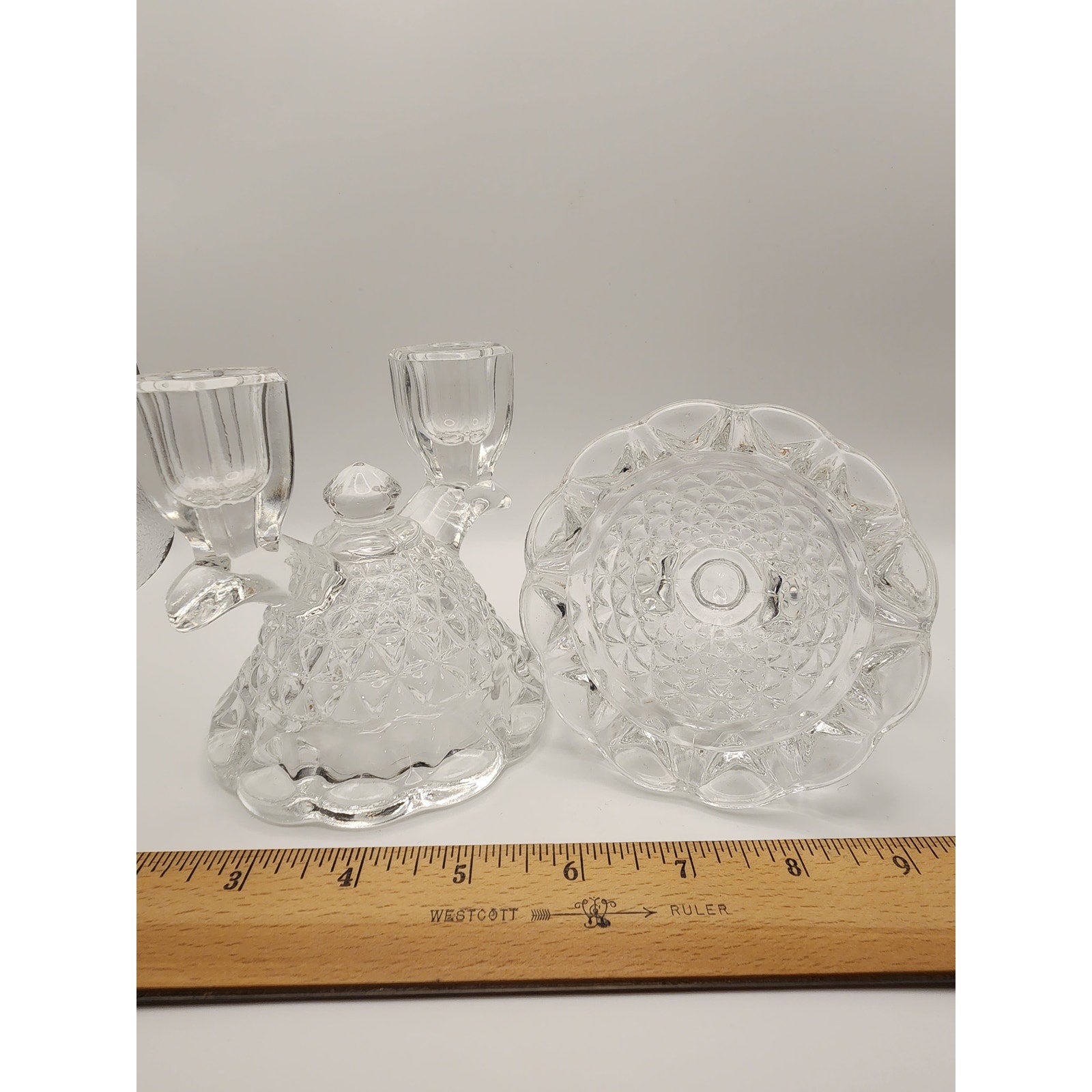 VTG Imperial Glass-Ohio Double Candlestick Holder Clear Pressed Glass Laced Edge