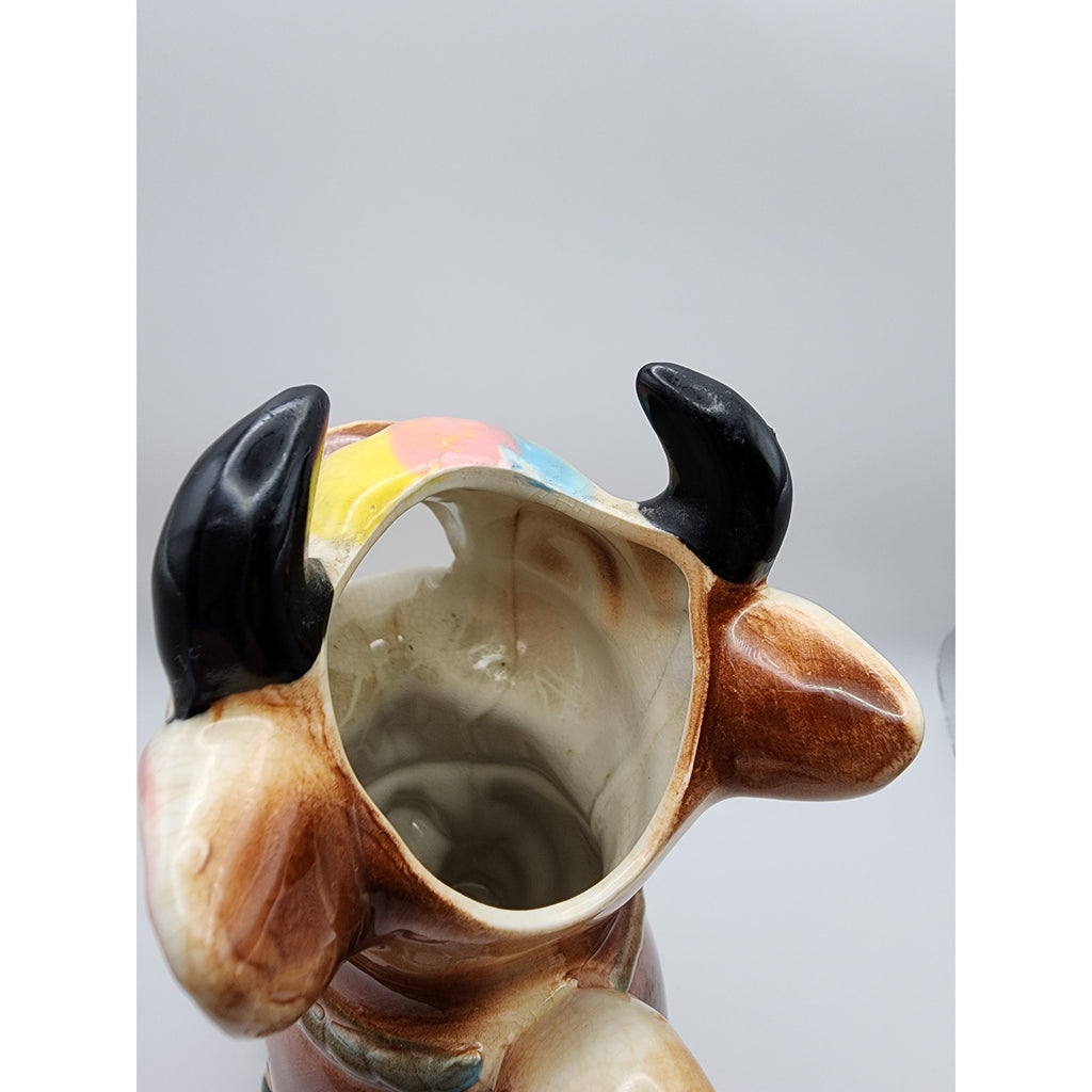 Vintage Hand Painted Anthropomorphic Ceramic "Brown Cow" Pitcher 1950s