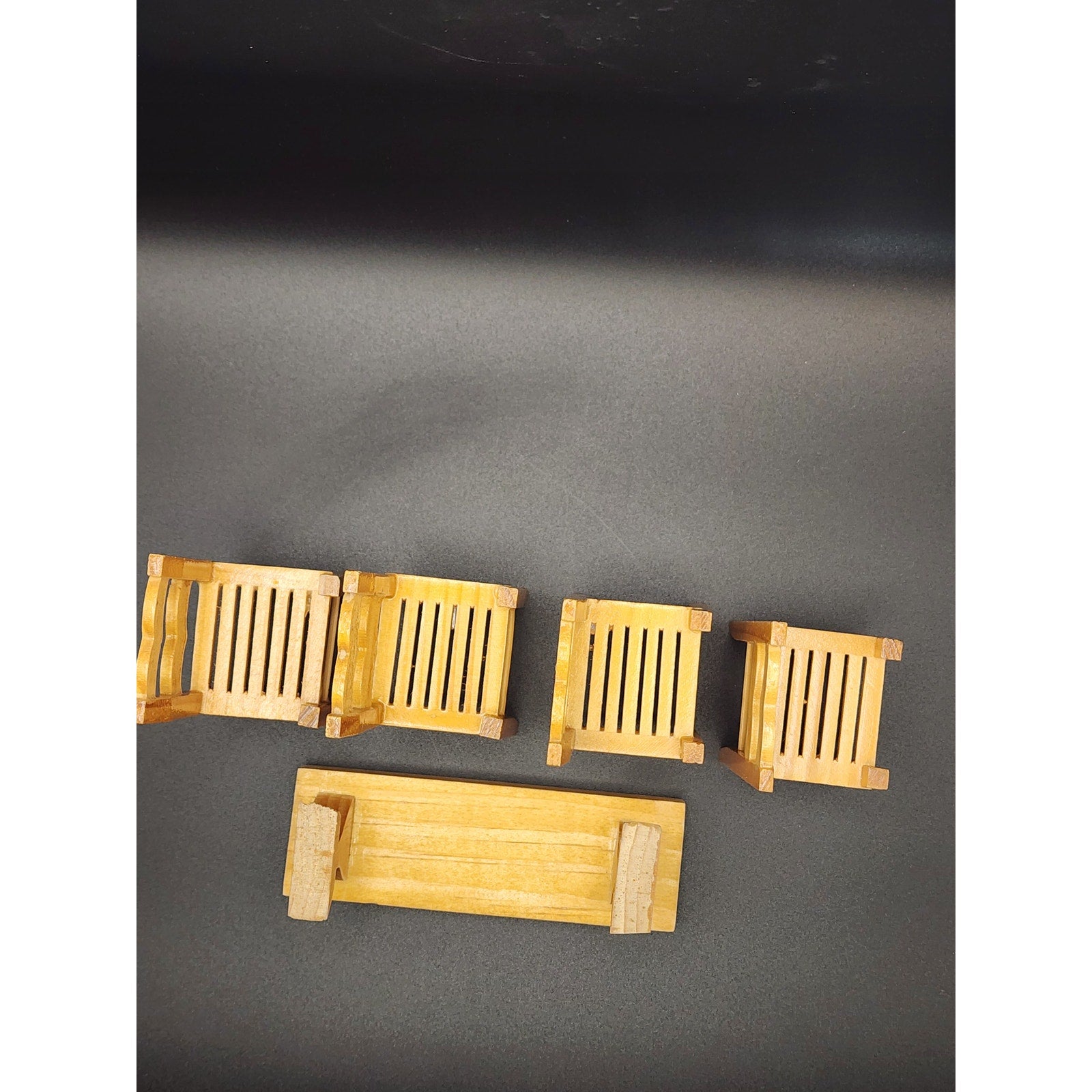 Doll House Furniture - 1:12 scale Natural Pine Wood 4 chairs and Bench
