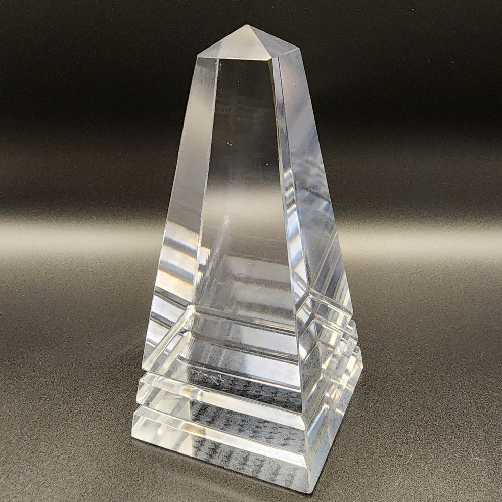 Vintage Clear Crystal Art Glass Obelisk Sculpture - Faceted Paperweight
