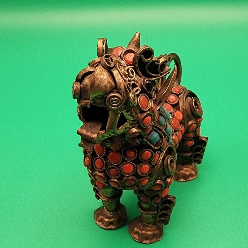 Vintage Tibetan Brass Filigree Foo Dog Figurine Inlaid w/ Coral/Turquoise Stones