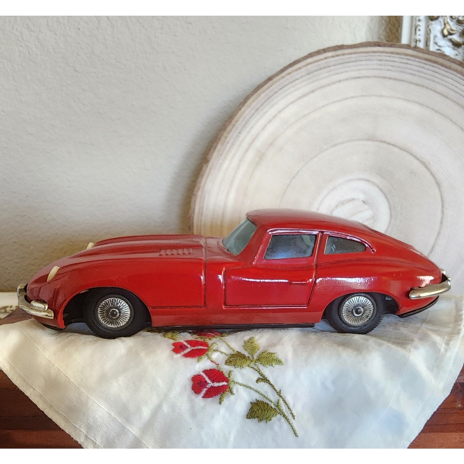 1960s Bandai Tin Friction Jaguar XKE – Red, 7", Vintage Toy Car