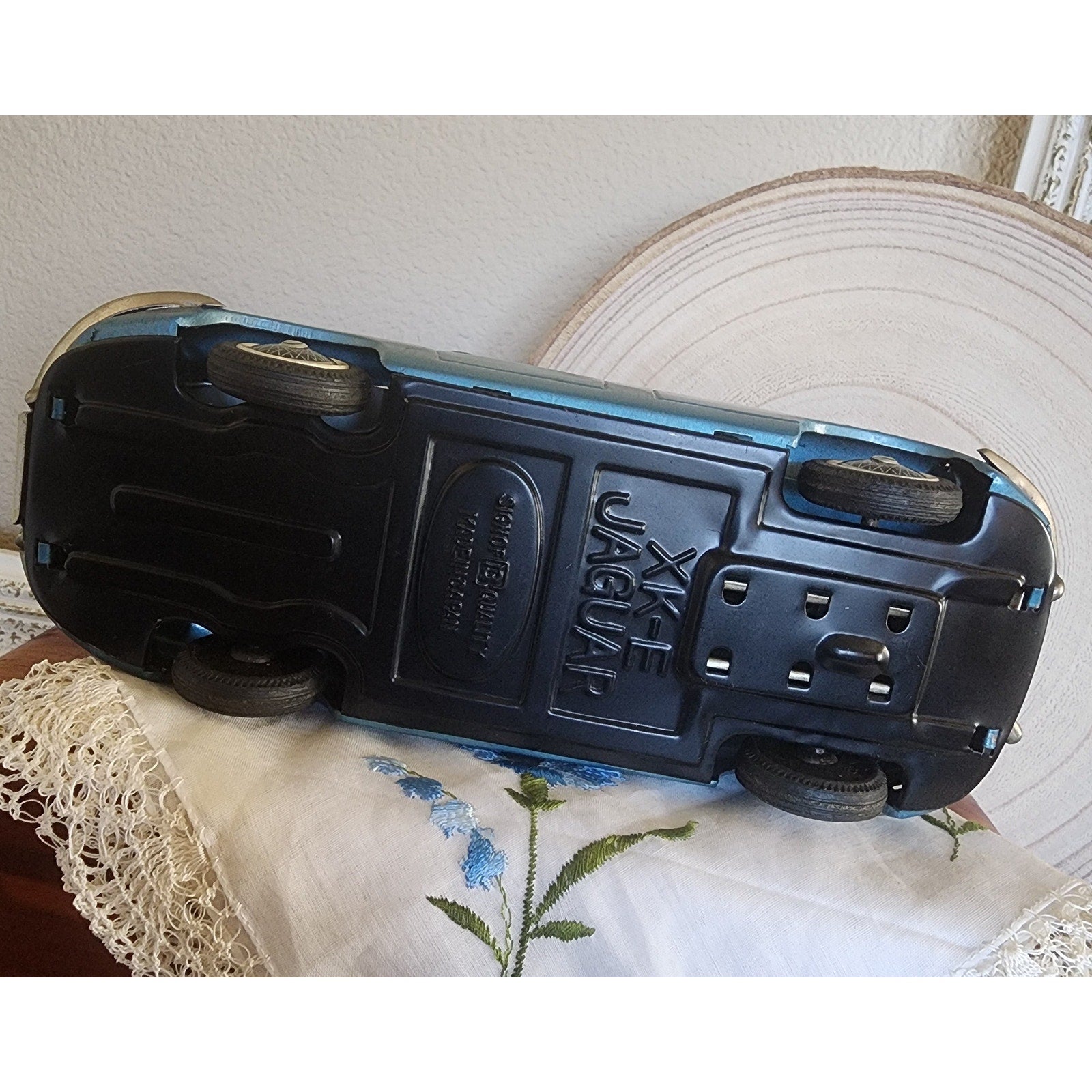 1960s Bandai Tin Friction Jaguar XKE Coupe – Slate Blue, 8", Vintage Toy Car