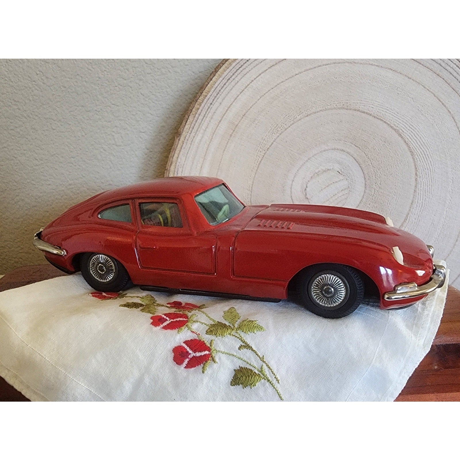 1960s Bandai Tin Friction Jaguar XKE – Red, 7", Vintage Toy Car