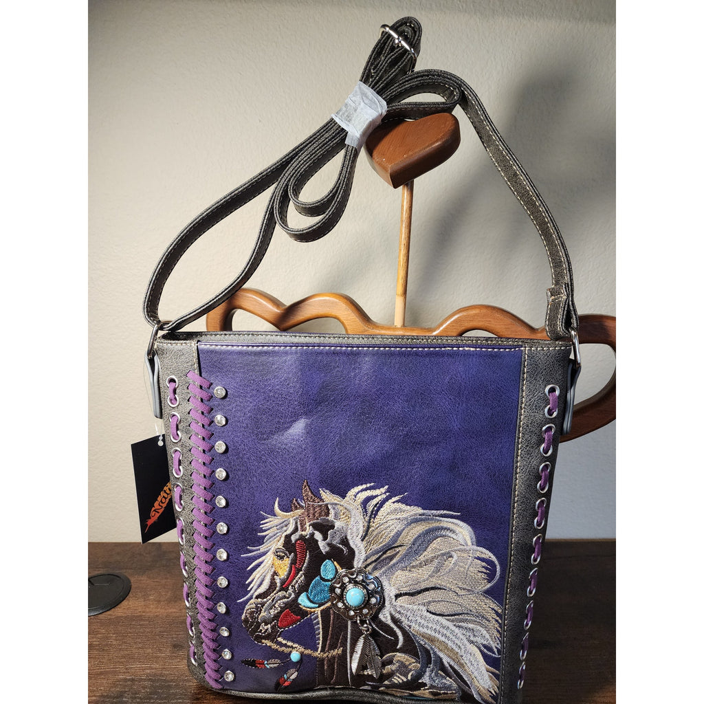 Nativo Concealed Carry PU Leather Embroidered Horse Crossbody Purse Purple NWT