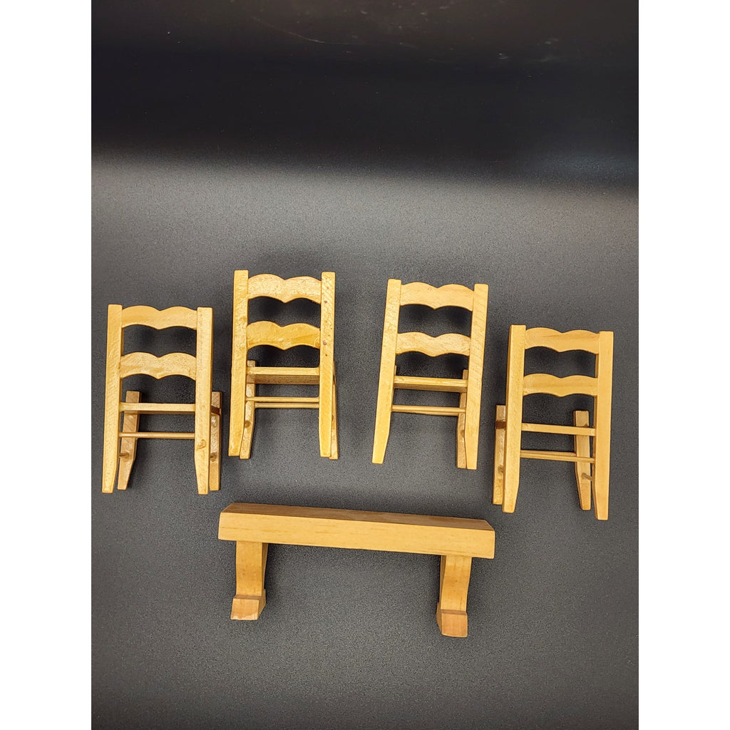 Doll House Furniture - 1:12 scale Natural Pine Wood 4 chairs and Bench