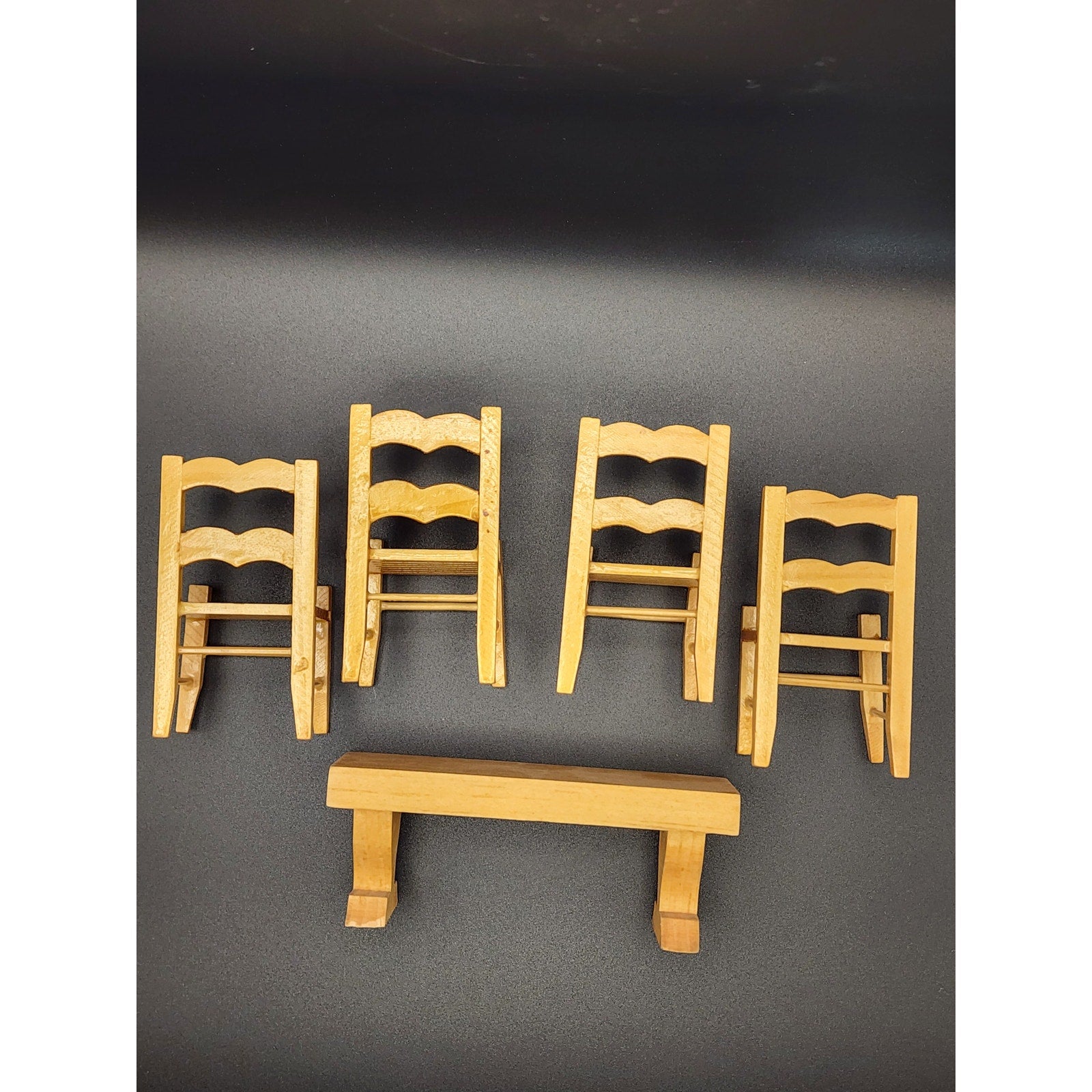 Doll House Furniture - 1:12 scale Natural Pine Wood 4 chairs and Bench