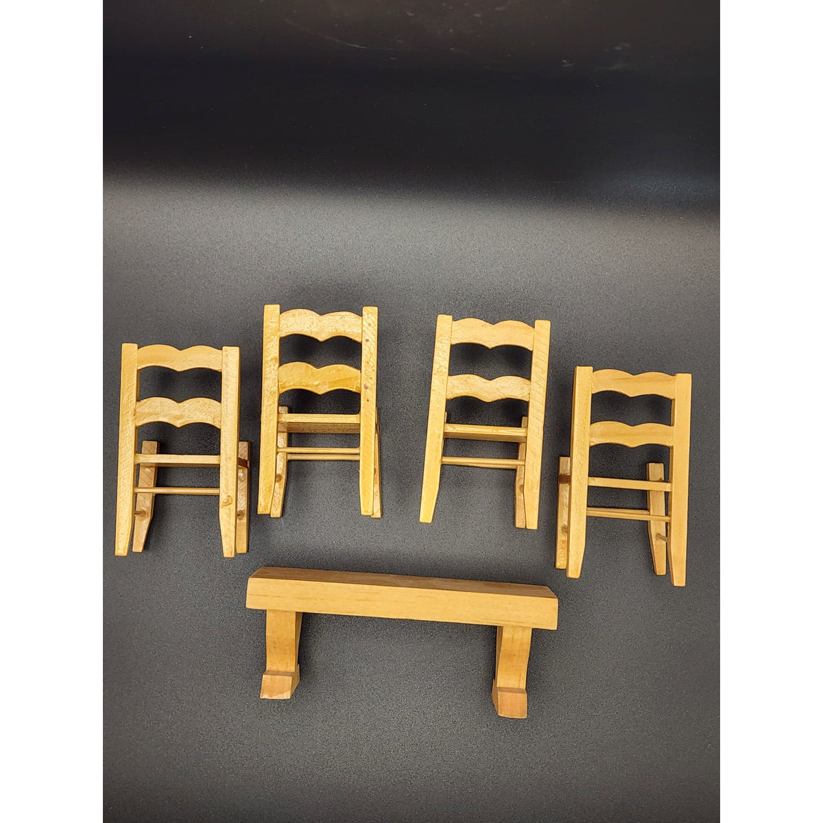 Doll House Furniture - 1:12 scale Natural Pine Wood 4 chairs and Bench