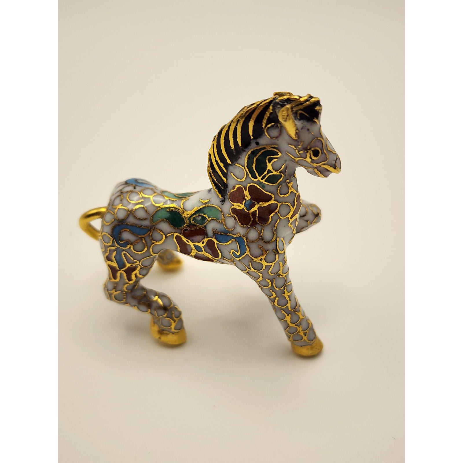 Vintage Miniature White Chinese Cloisonne Enamel Horse  Figurine w/ Gold Accents