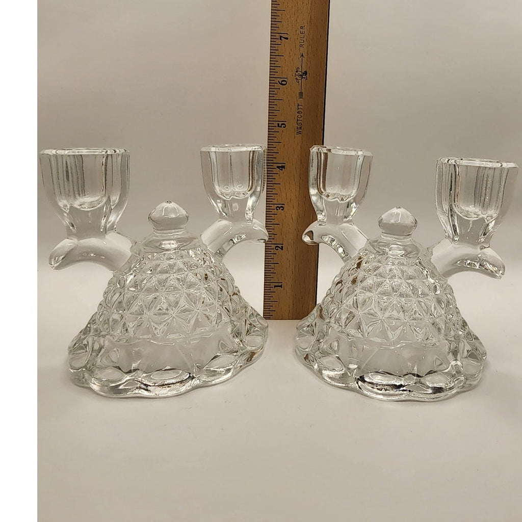 VTG Imperial Glass-Ohio Double Candlestick Holder Clear Pressed Glass Laced Edge