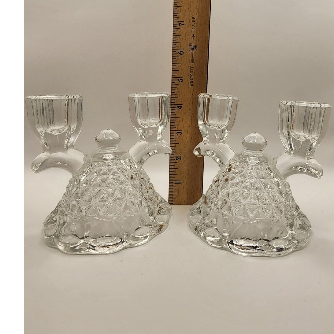 VTG Imperial Glass-Ohio Double Candlestick Holder Clear Pressed Glass Laced Edge