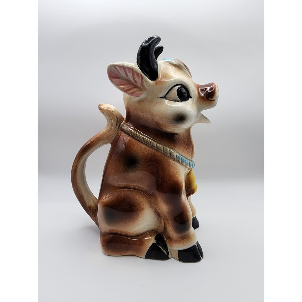 Vintage Hand Painted Anthropomorphic Ceramic "Brown Cow" Pitcher 1950s