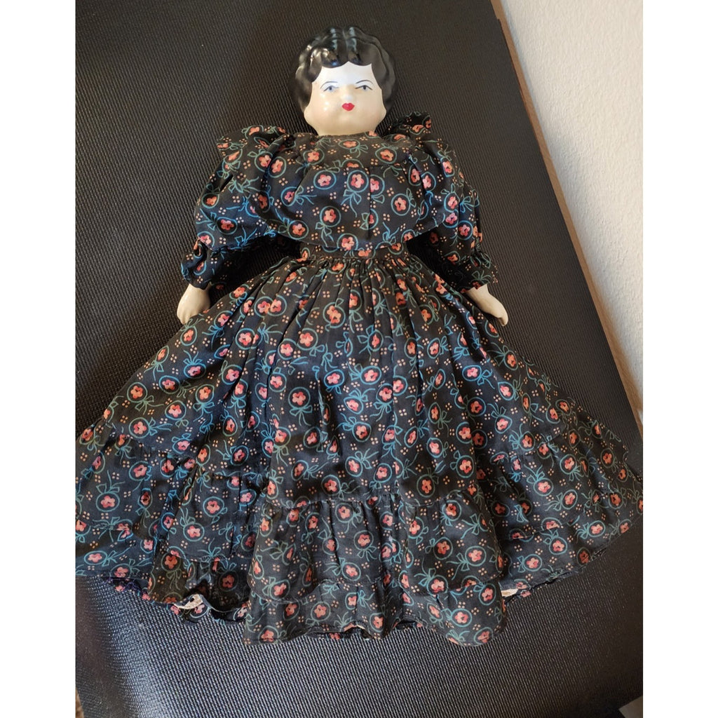 Vintage Glazed Porcelain China Head Doll -15” Black Hair w/ Dress