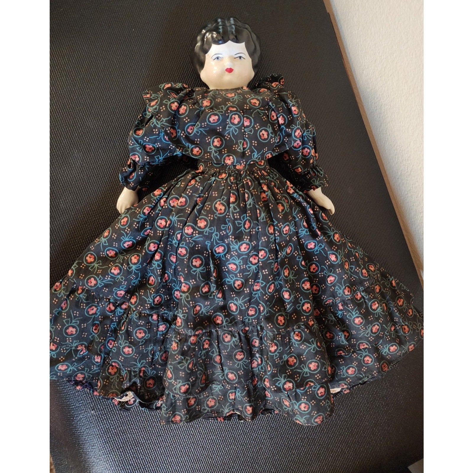 Vintage Glazed Porcelain China Head Doll -15” Black Hair w/ Dress