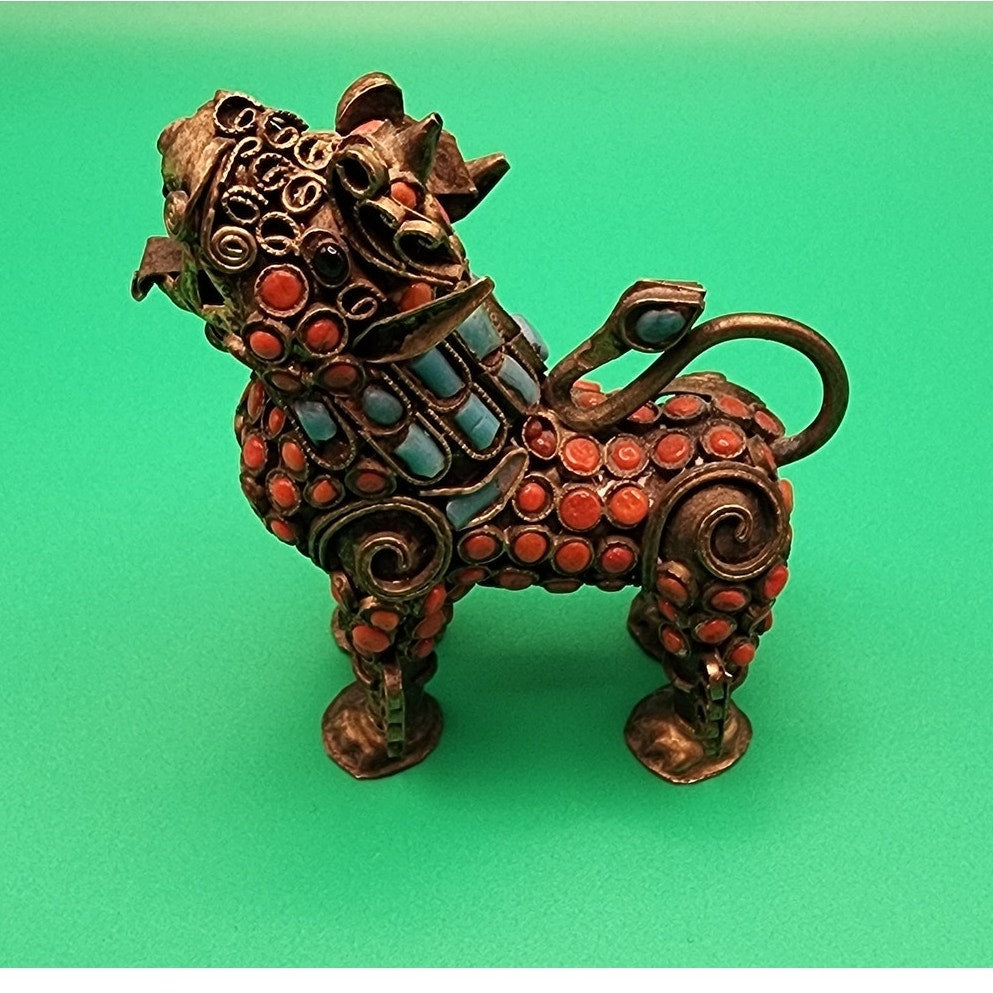 Vintage Tibetan Brass Filigree Foo Dog Figurine Inlaid w/ Coral/Turquoise Stones