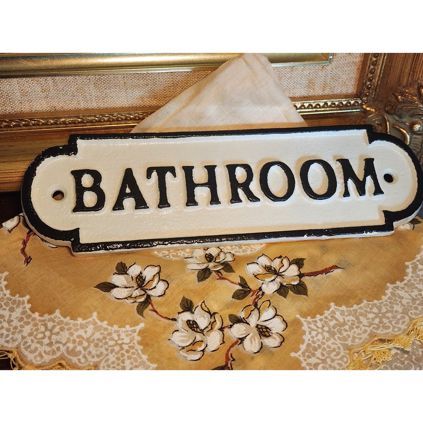 Cast Iron Bathroom Wall Plaque – Vintage Inspired, White with Black Letters