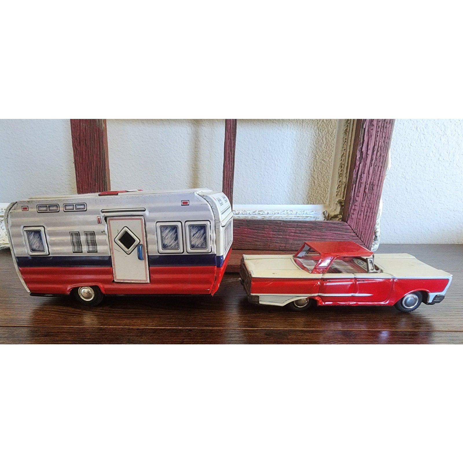 1960s Lithographed Tin Toy Ford Galaxie Car & Camping Trailer Set