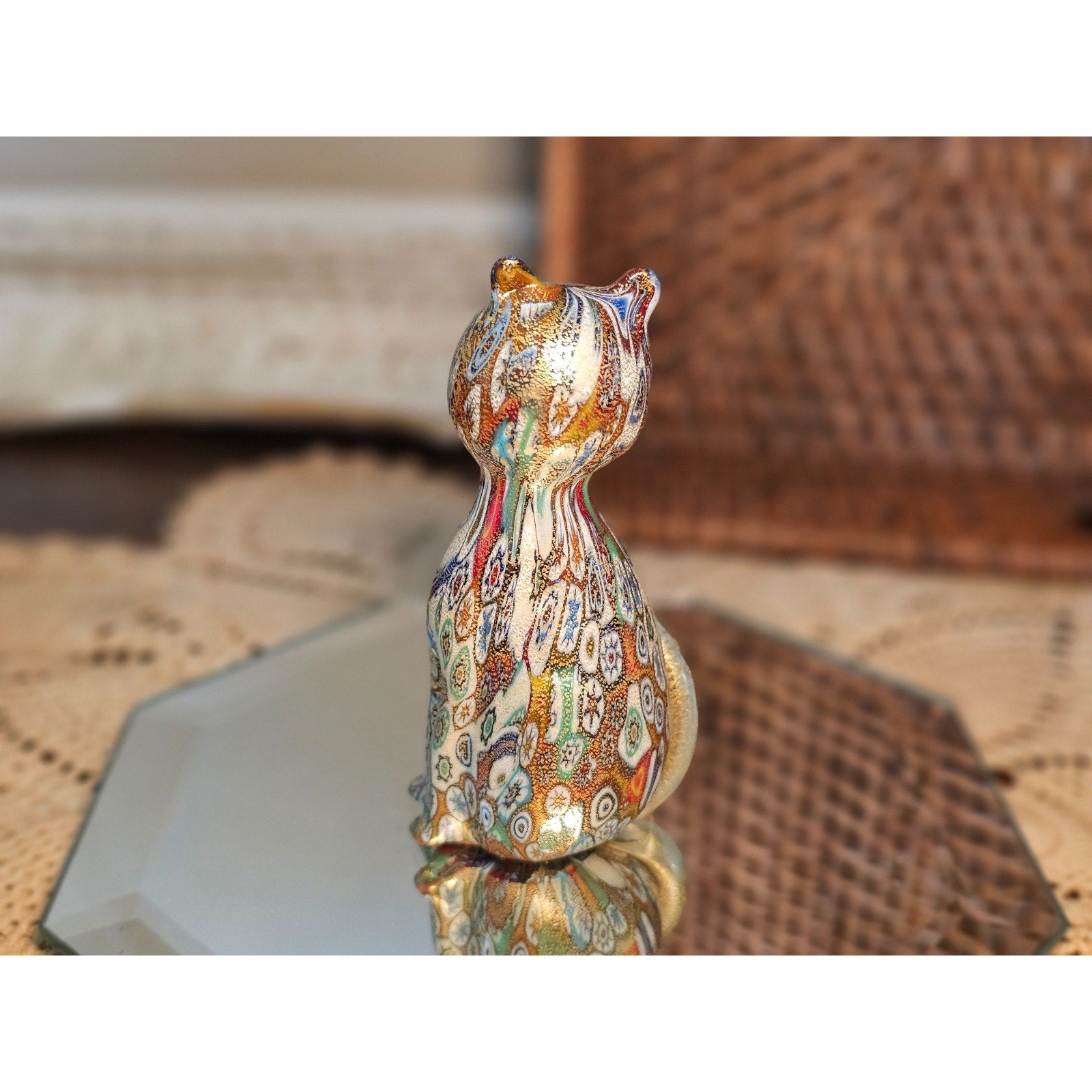 Vintage Murano 1994 Millefiori Beautiful Kitty Cat Figurine Infused with Gold