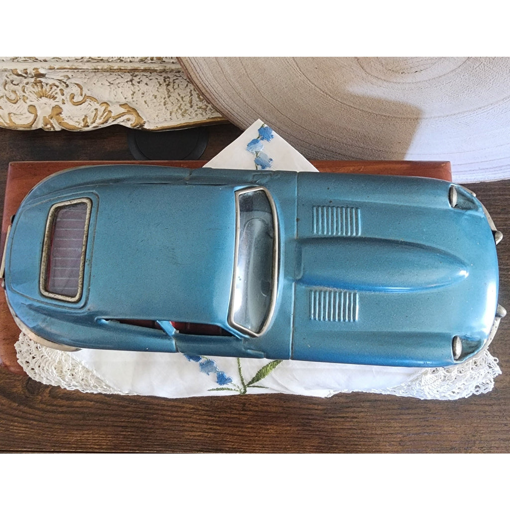 1960s Bandai Tin Friction Jaguar XKE Coupe – Slate Blue, 8", Vintage Toy Car