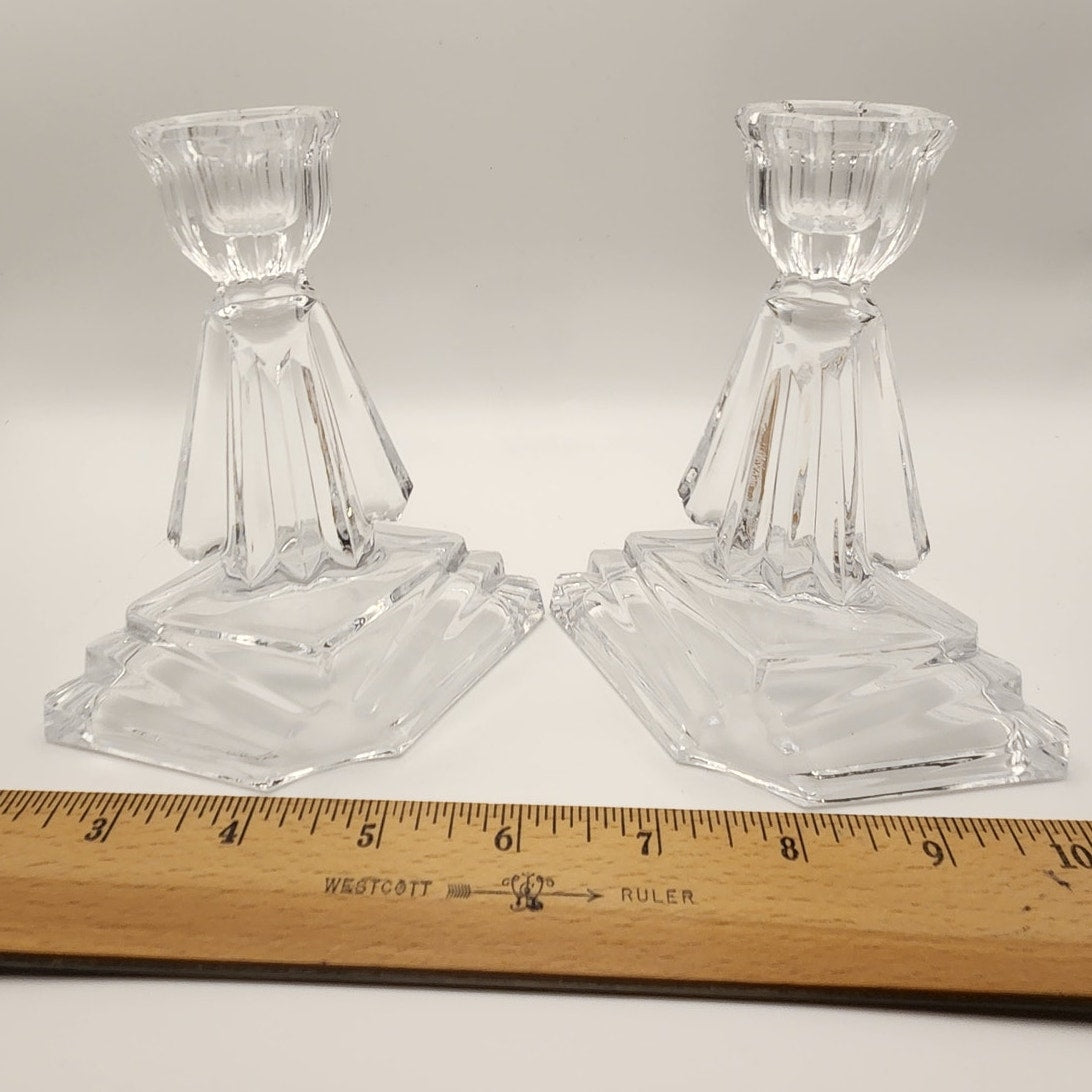 Art Deco Crystal Candle Holders Pair Ernst Buder Fan Glass Taper Candlestick Set