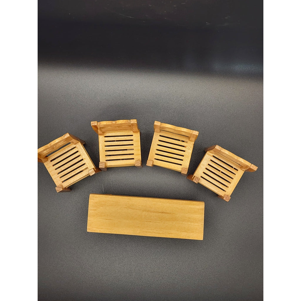 Doll House Furniture - 1:12 scale Natural Pine Wood 4 chairs and Bench