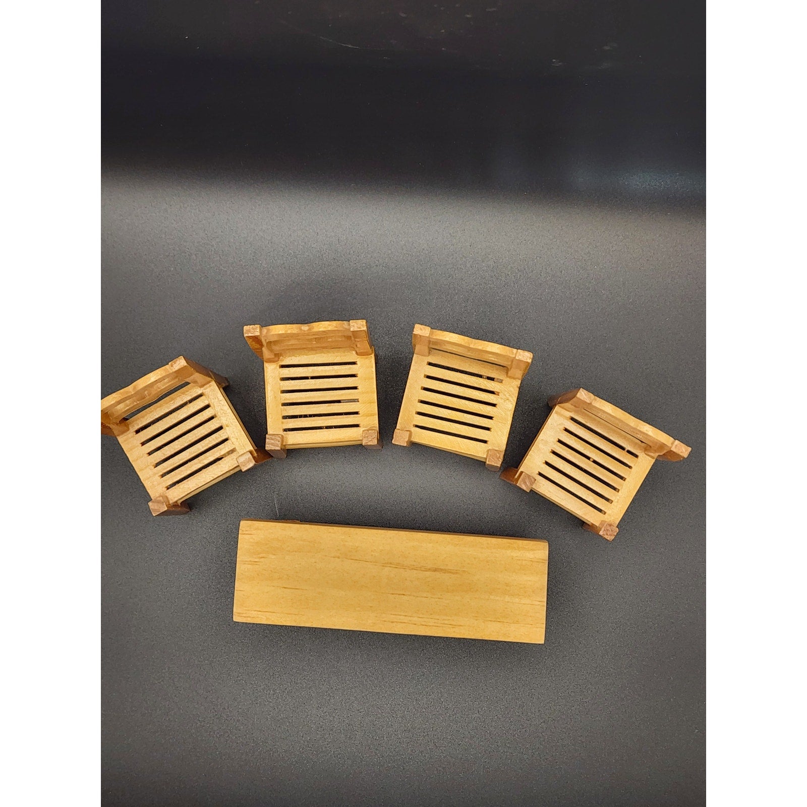 Doll House Furniture - 1:12 scale Natural Pine Wood 4 chairs and Bench