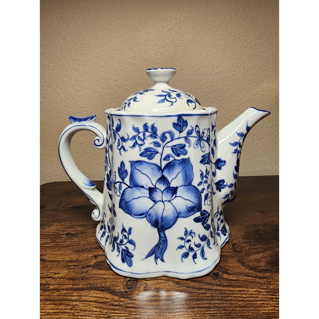 Vintage Andrea by Sadek Blue / White Ceramic Teapot w/ Lotus Floral Pattern