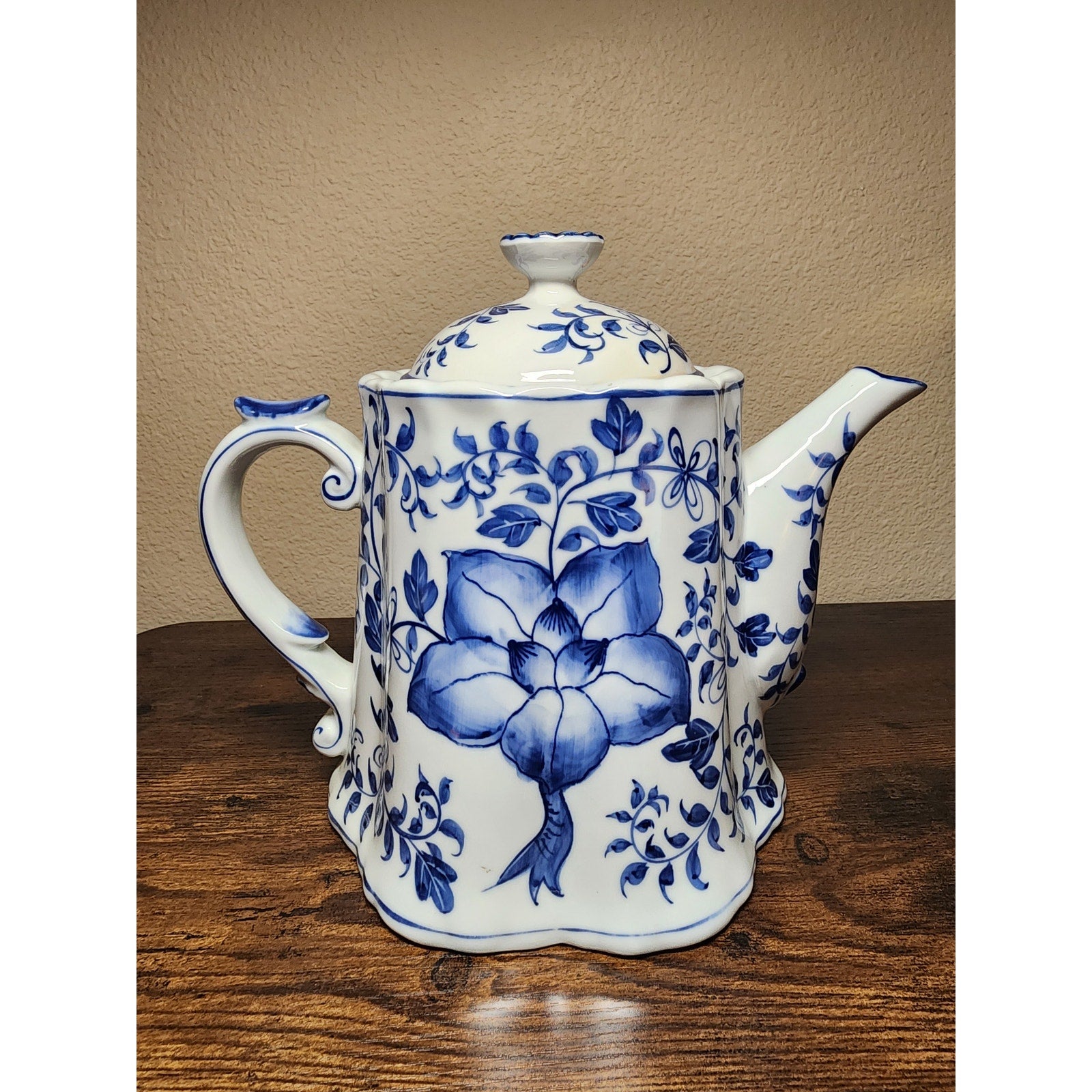 Vintage Andrea by Sadek Blue / White Ceramic Teapot w/ Lotus Floral Pattern