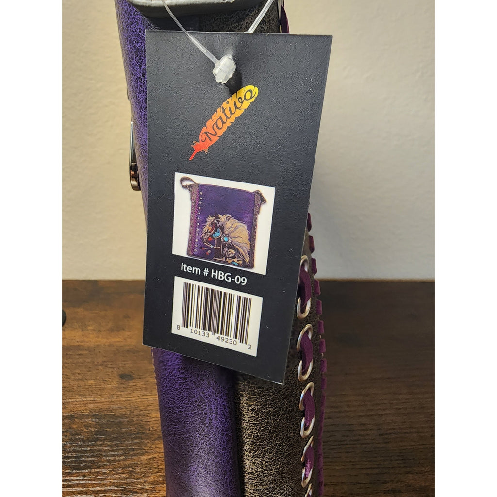 Nativo Concealed Carry PU Leather Embroidered Horse Crossbody Purse Purple NWT