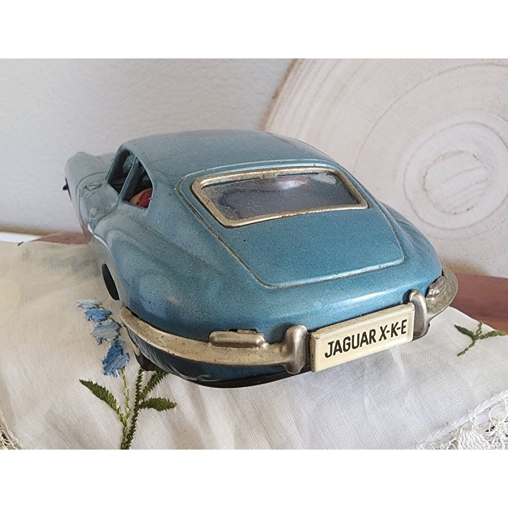 1960s Bandai Tin Friction Jaguar XKE Coupe – Slate Blue, 8", Vintage Toy Car