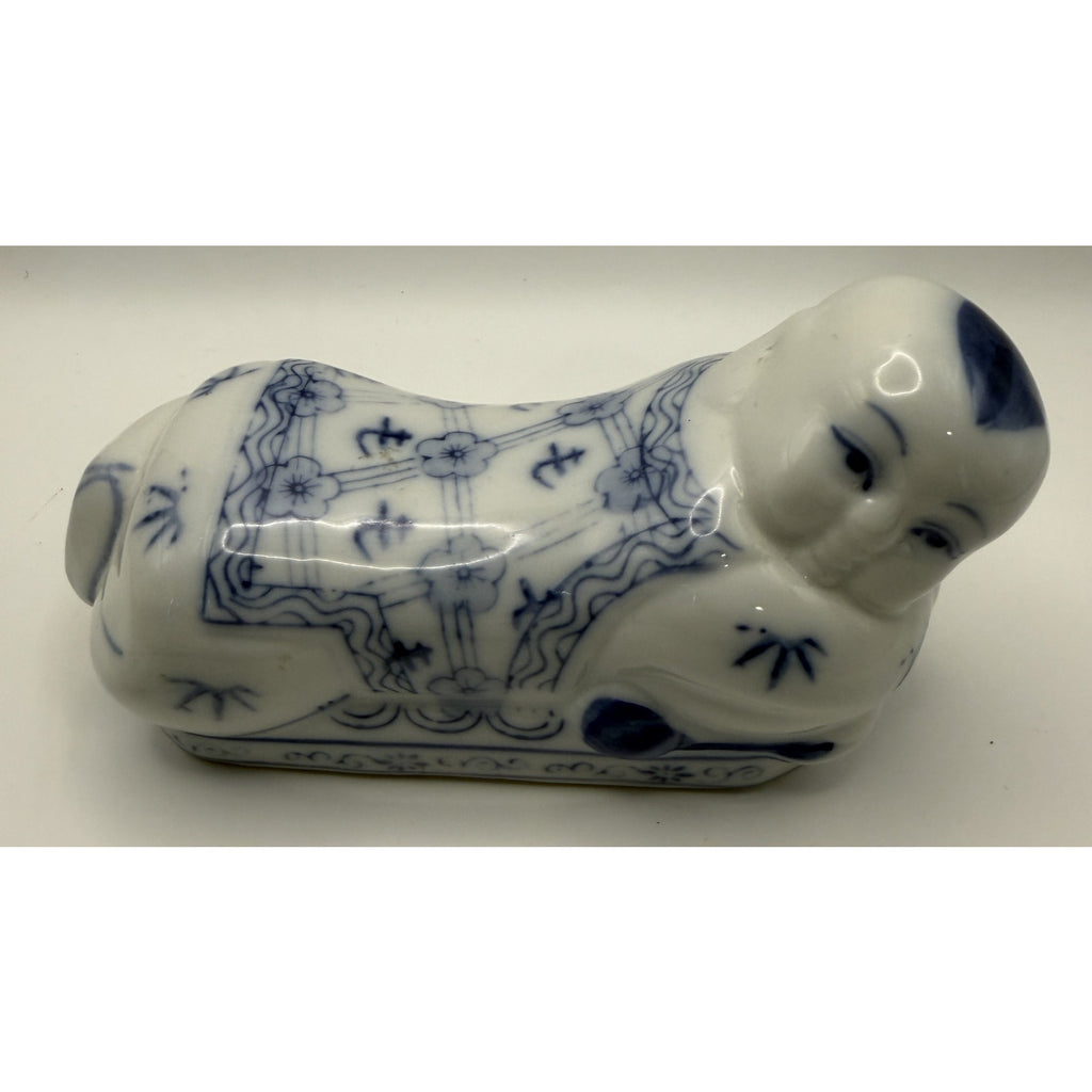 Vintage Chinese Blue and White Porcelain Reclining Buddha Baby Pillow FIgurine