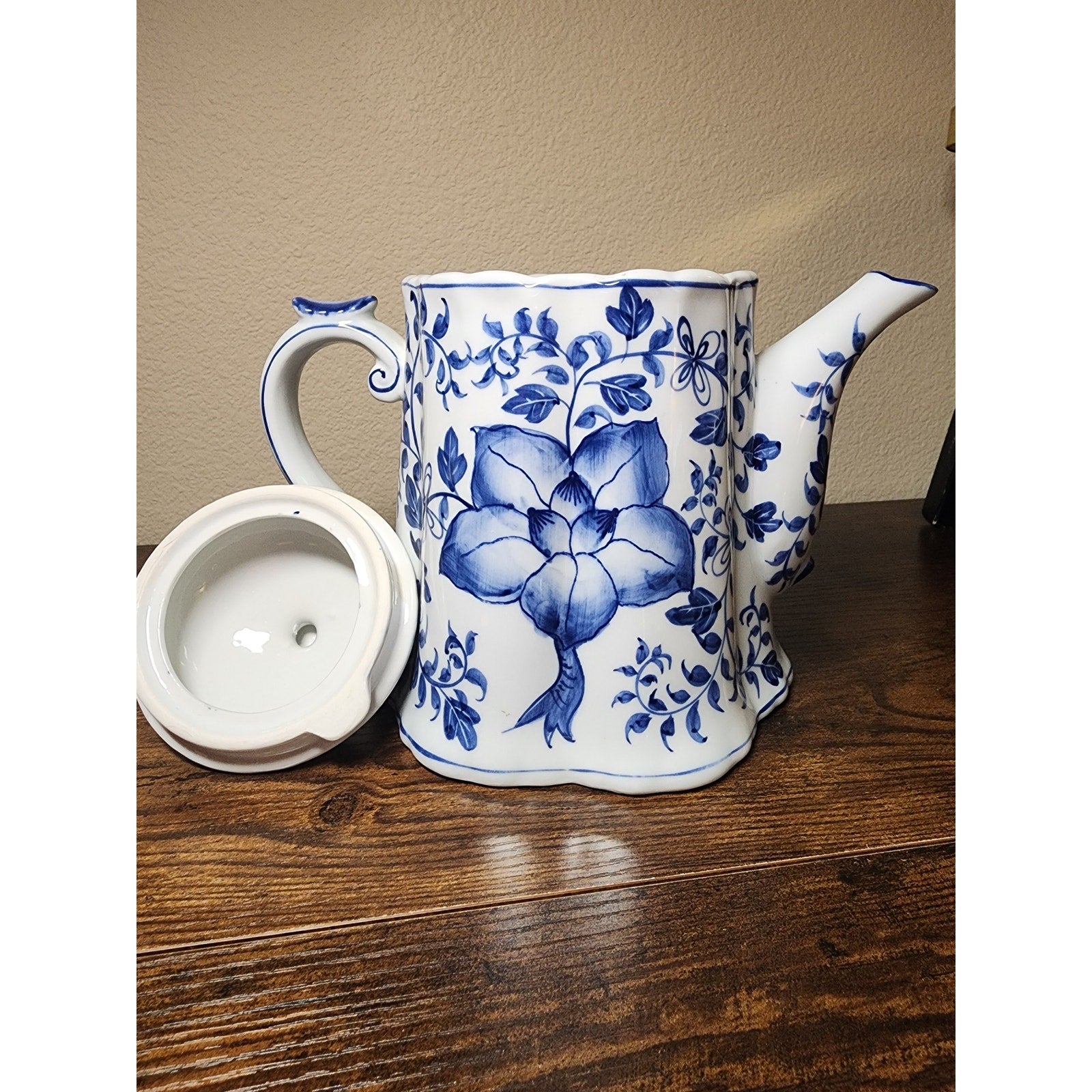 Vintage Andrea by Sadek Blue / White Ceramic Teapot w/ Lotus Floral Pattern