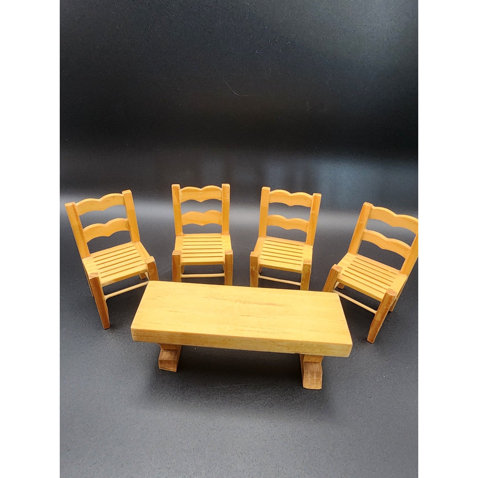 Doll House Furniture - 1:12 scale Natural Pine Wood 4 chairs and Bench