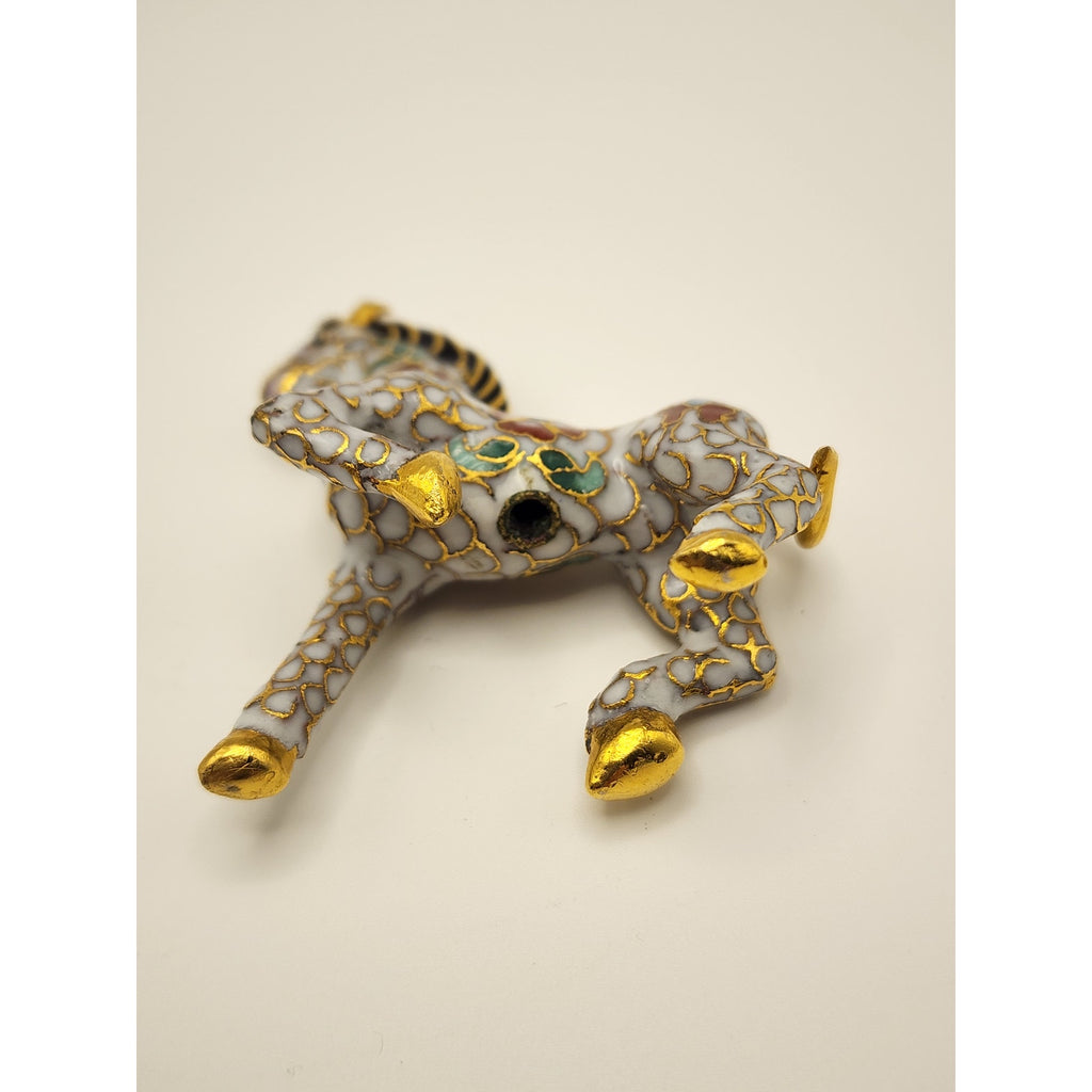 Vintage Miniature White Chinese Cloisonne Enamel Horse  Figurine w/ Gold Accents