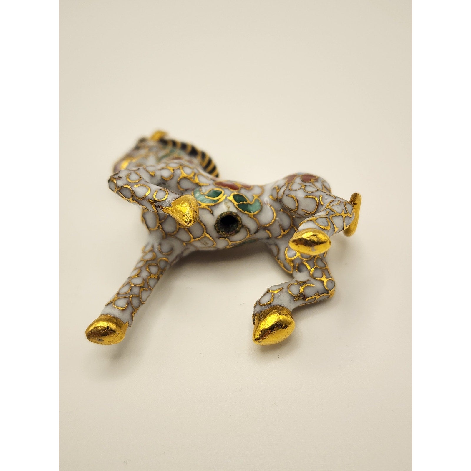 Vintage Miniature White Chinese Cloisonne Enamel Horse  Figurine w/ Gold Accents