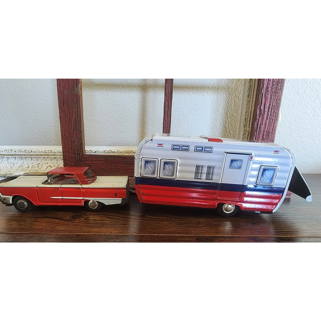 1960s Lithographed Tin Toy Ford Galaxie Car & Camping Trailer Set