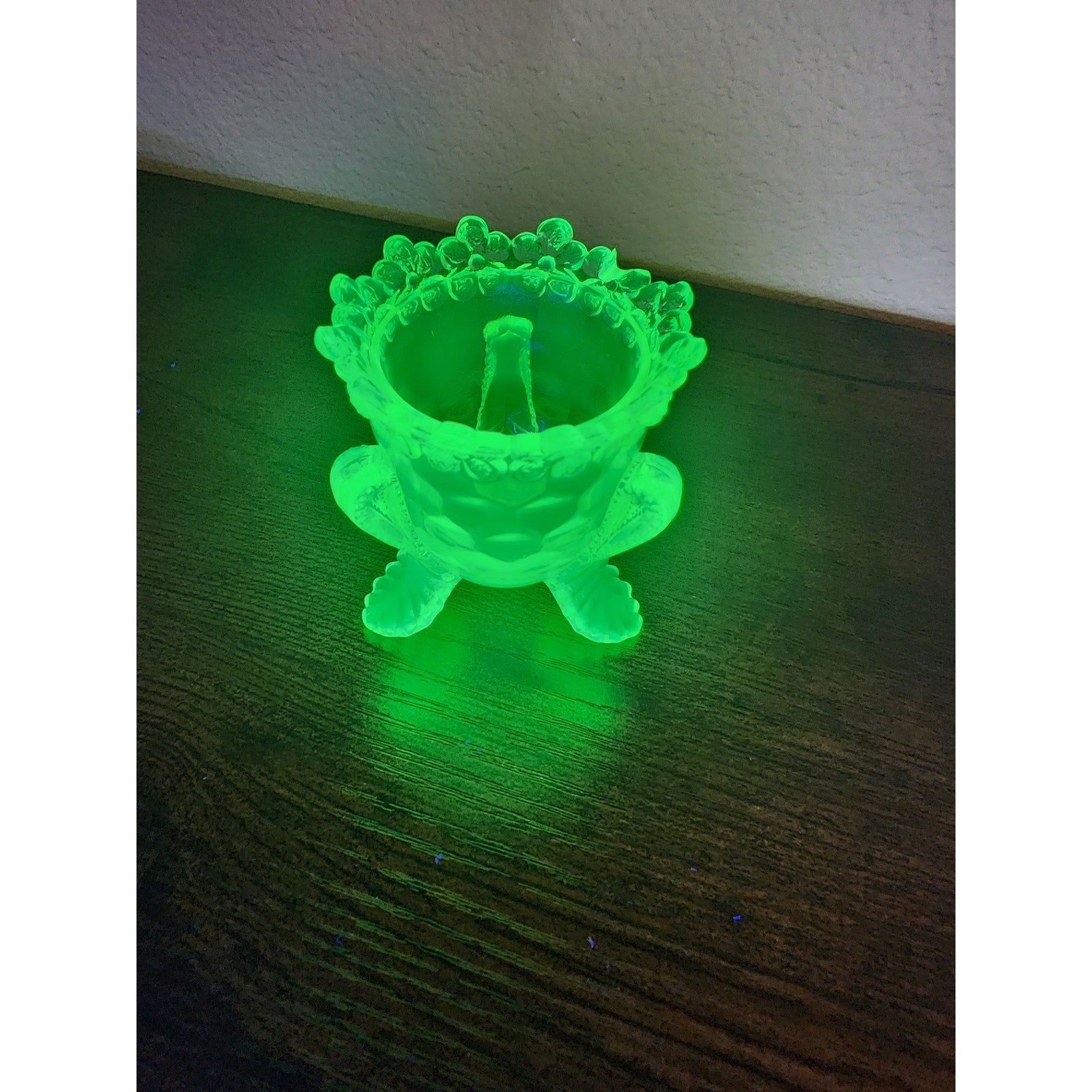 Vintage Boyd Crystal Art Glass Forget Me Not Toothpick Holder - Vaseline Uranium