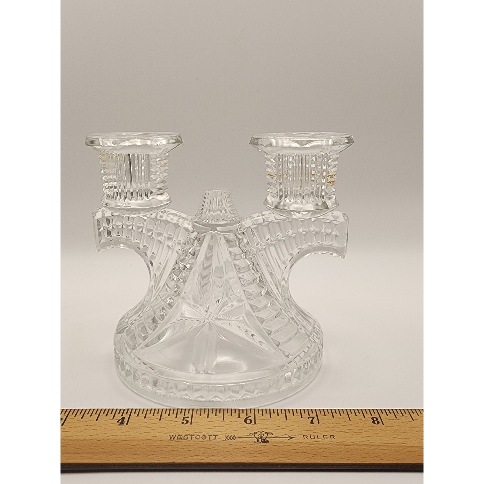 Vintage Federal Glass Wigwam Double Candle Holder Clear Pressed Art Deco 2 Lite