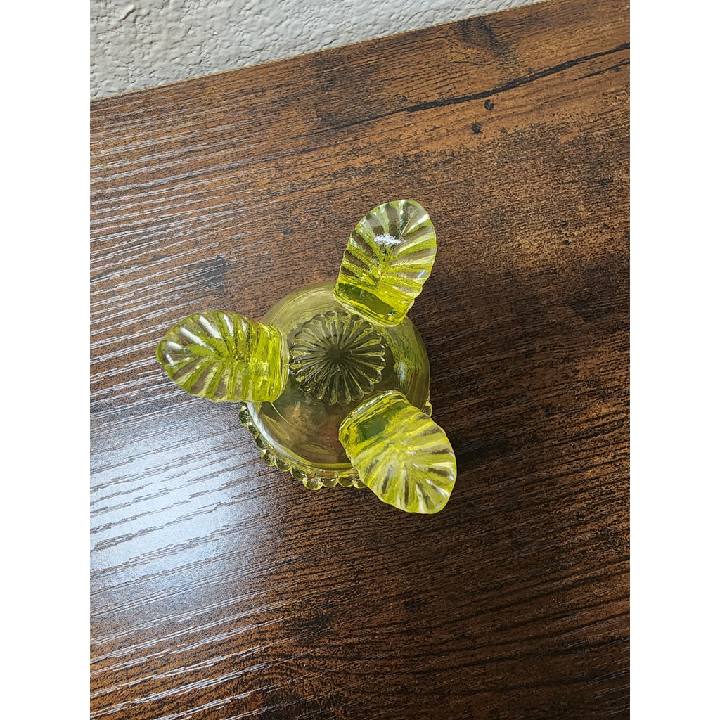 Vintage Boyd Crystal Art Glass Forget Me Not Toothpick Holder - Vaseline Uranium