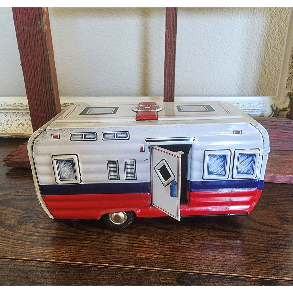 1960s Lithographed Tin Toy Ford Galaxie Car & Camping Trailer Set