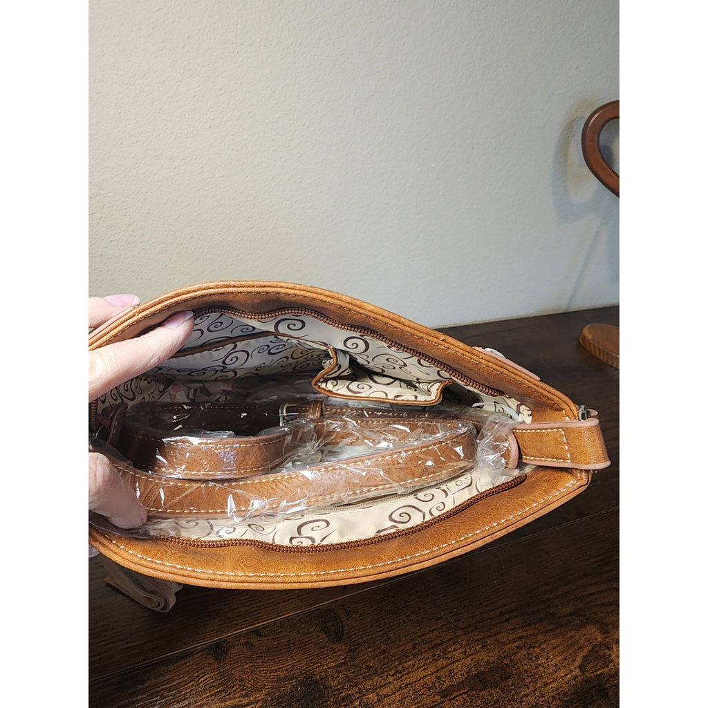 Nativo Brand Western Style Crossbody Bag w/Fringe, Turquoise Stones NWT Cognac